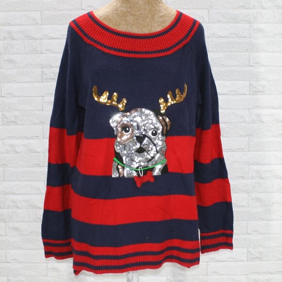 HOLIDAY TIME Sweater Bulldog Moose Knit Christmas Ugly Sequin Antler Stripe Red - Picture 1 of 11